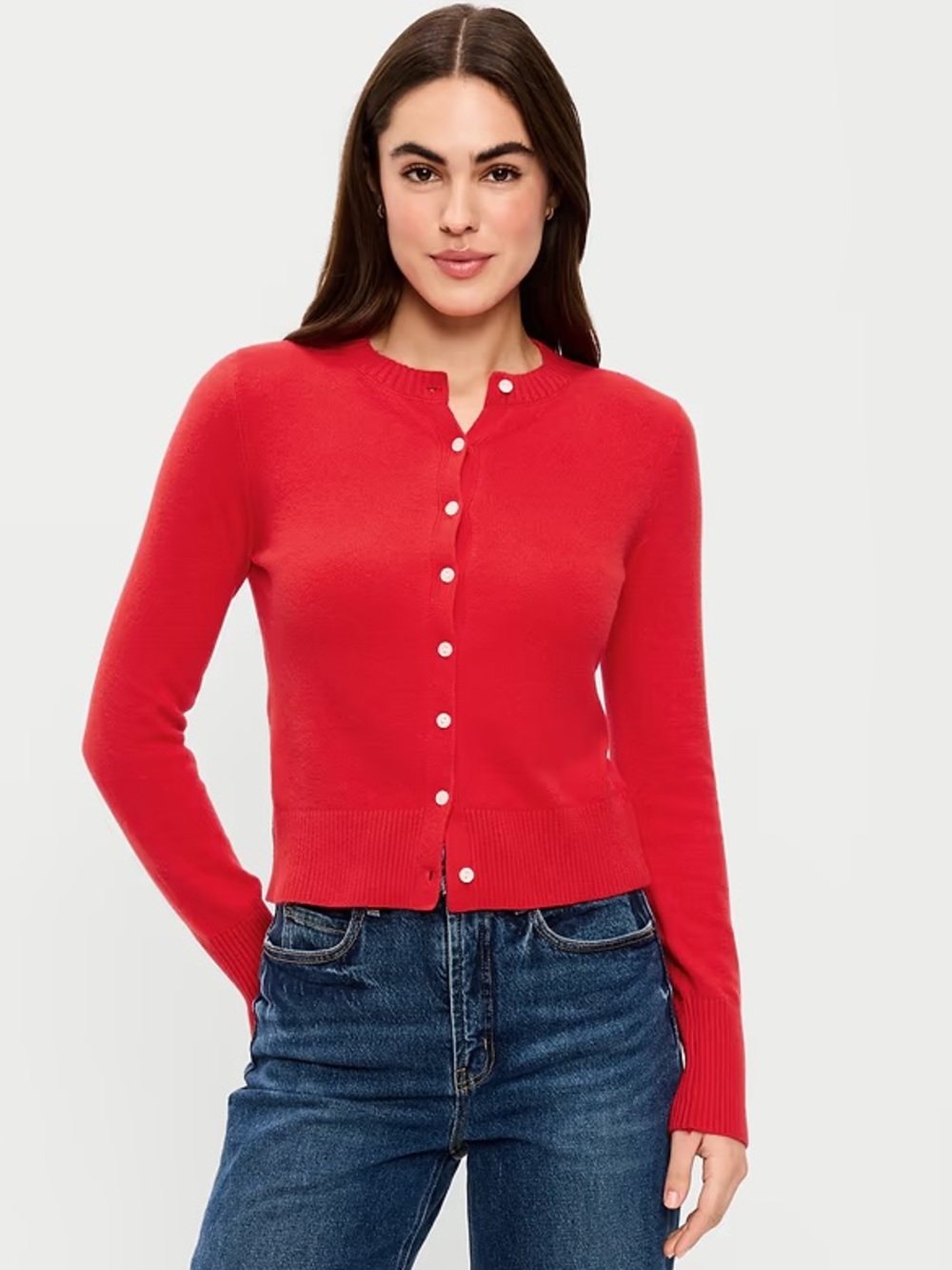 Old Navy Red Button-Front Crewneck Cardigan - Small Tall